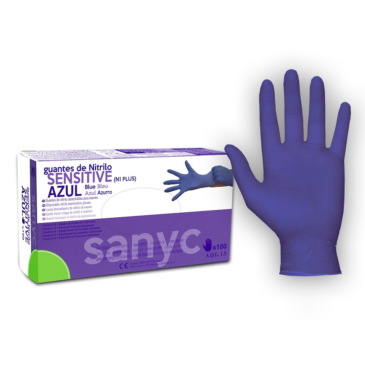 SANYC SENSITIVE Guantes nitrilo azul para examen cocina limpieza sanitario peluquería 3,5 gr. sin polvo 100 uds. Ambidiestro, categoría III,  Talla M