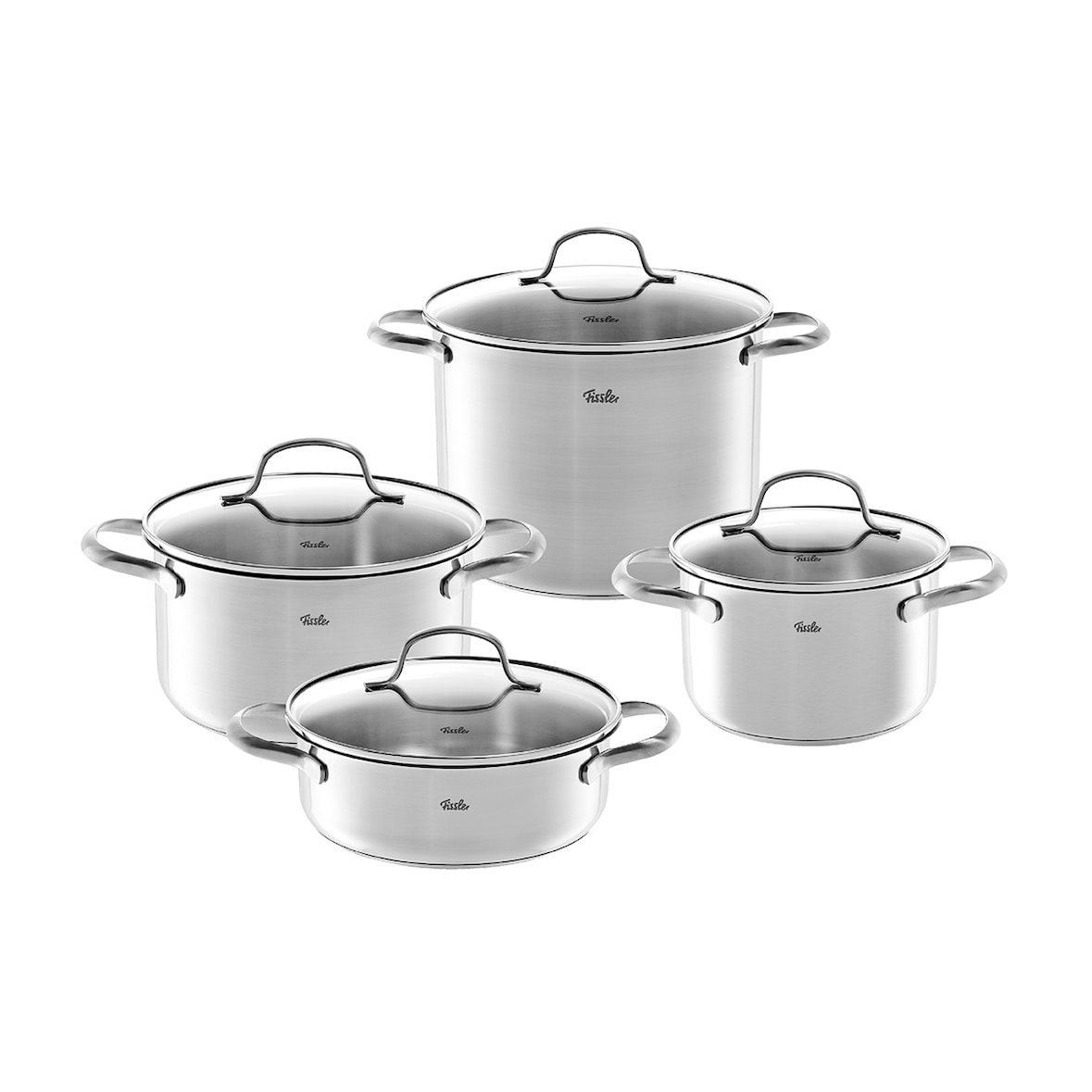 Fissler - San Francisco - Set 4-teilig (Topf mit Glasdeckel 16 + 20 + 24 cm, Stielkasserolle mit Glasdeckel 20 cm)
