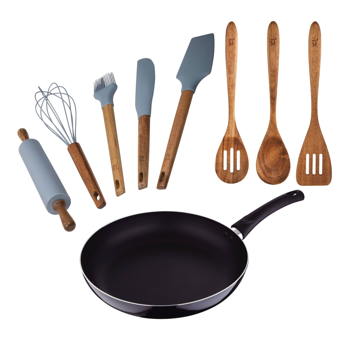 Chef sauce PIXEL - Sartén Ø24x4,5cm en Aluminio Prensado con 3 Utensilios de Cocina en Madera y 5 Utensilios en Silicona