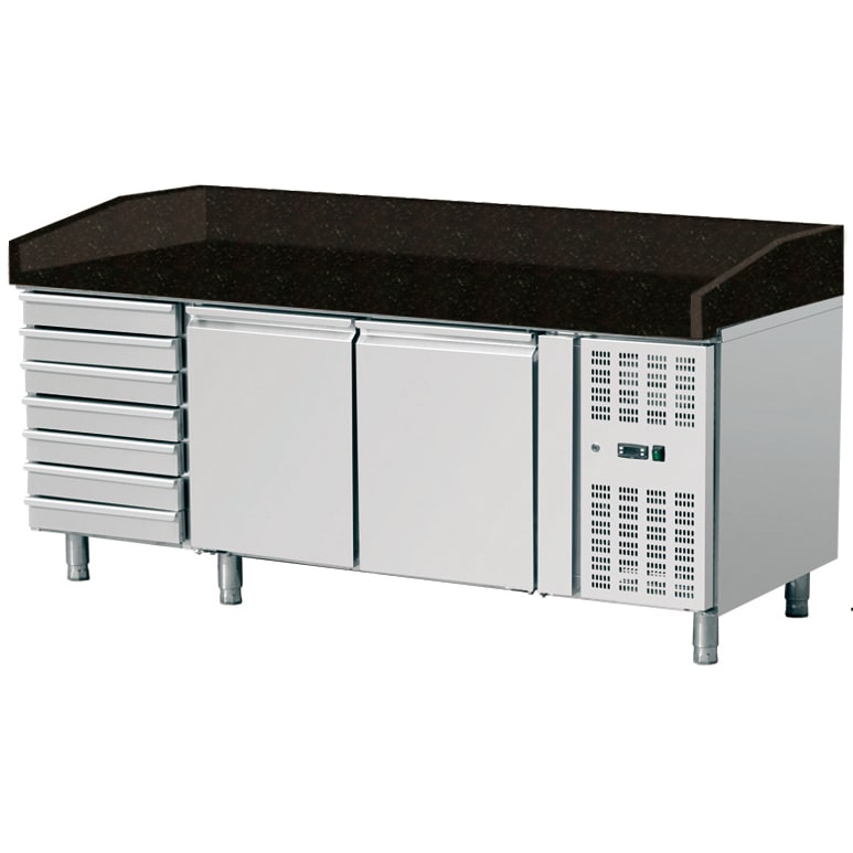 Skyrainbow Pizza Kühltisch, Granit Star Galaxy schwarz, 2 Türen 7 ungek. Schubladen, 203x80