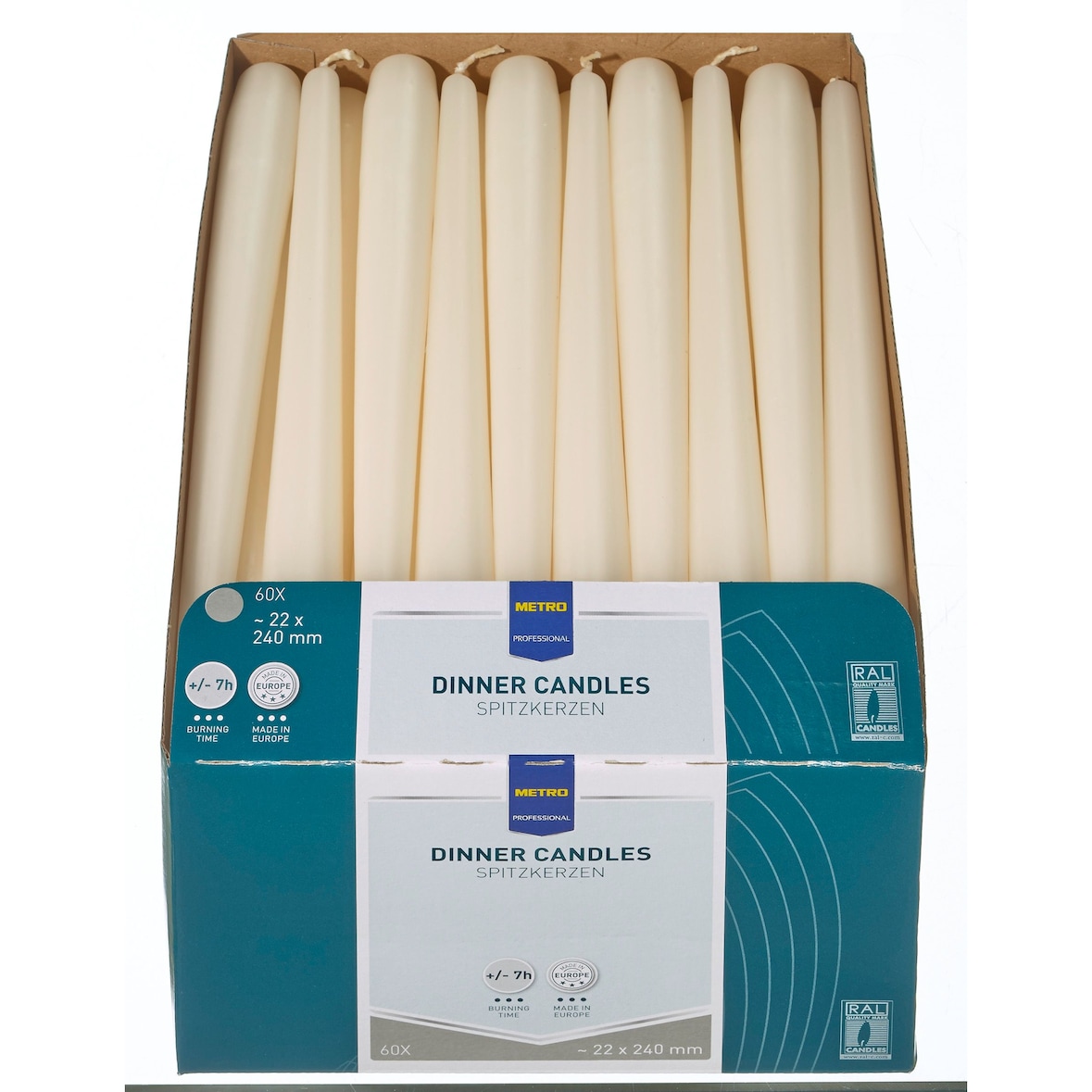 METRO Professional Velas cónicas, parafina, 2.2 x 24 cm, aprox. 7 horas, marfim, 60 unidades