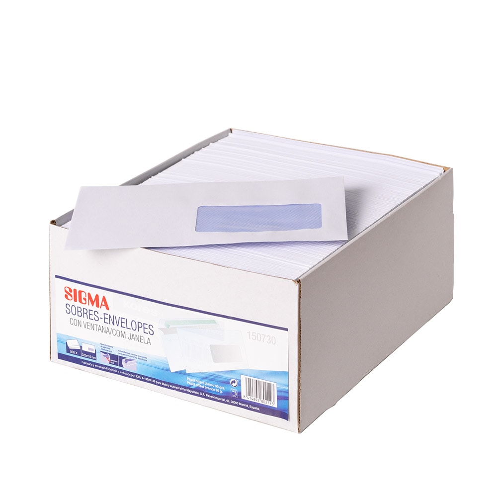 Caja 500 Sobres Blancos 220x100 mm con ventana SIGMA