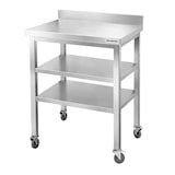 thumbnail of Mesa de trabajo de acero inoxidable Bar 800x700 mm con 3 estantes inferiores y respaldo sobre ruedas PREMIUM - GOLDINOX