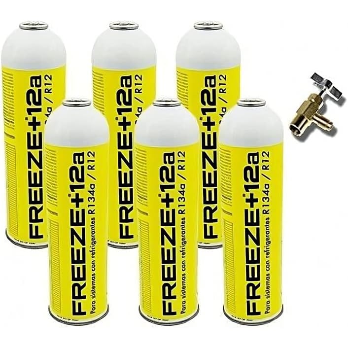 6 Botellas Gas Ecologico Refrigerante Freeze Organico +12 420Gr + Valvula Sustituto R12, R134A