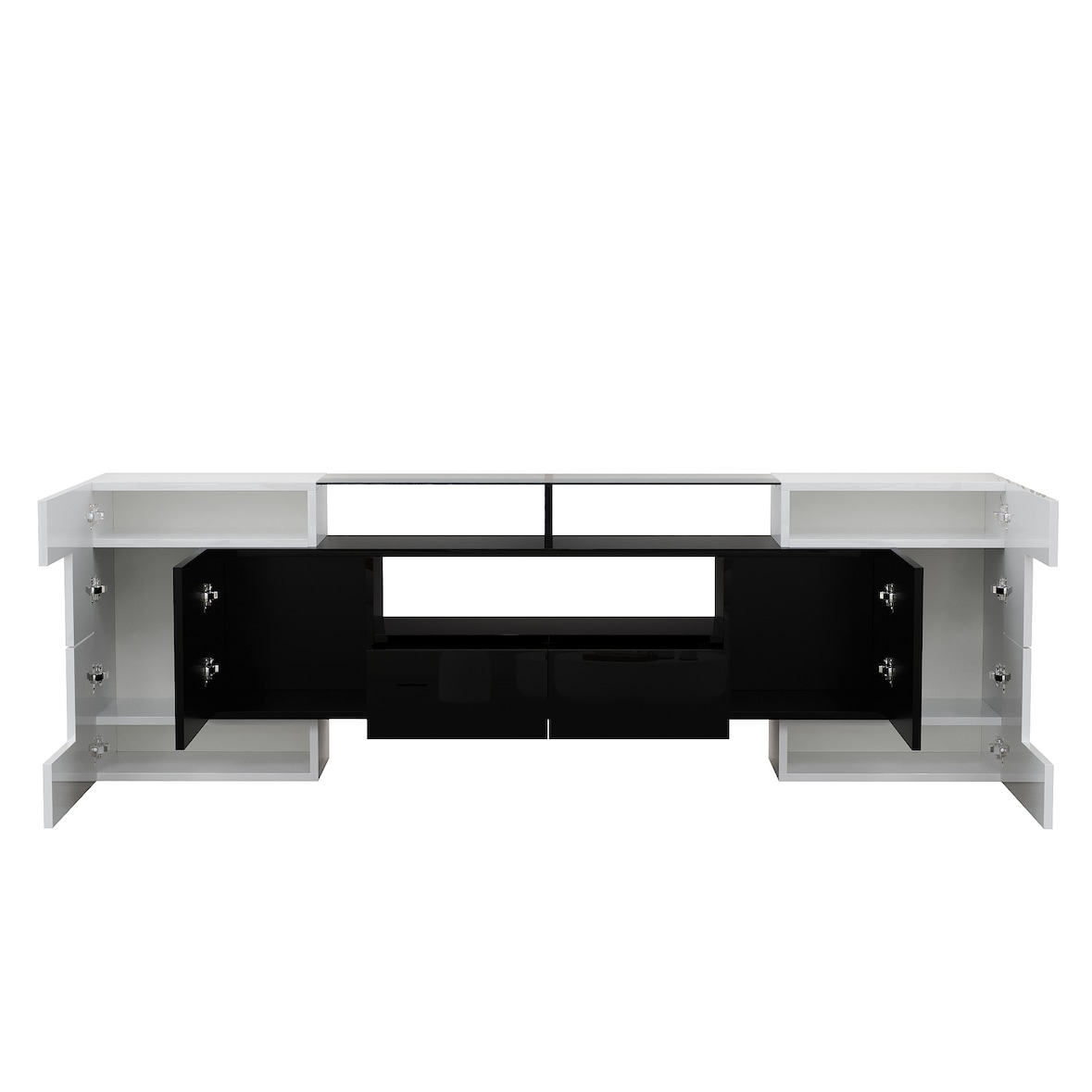 TV Lowboard 200x35x60 cm mit LED Beleuchtung 6 Türen 2 Schubladen Weiß+Schwarz Hochglanz MDF moderner Stauraum fürs Wohnzimmer