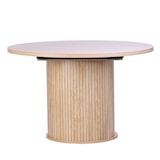 thumbnail of Table ronde extensible en mélaminé effet bois avec base de rangement, design élégant et fonctionnel, Ø120/160 cm, pour cuisine et séjour – ASCANIO