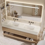 thumbnail of 【RW4822-130BKK】Waschbecken Doppelspüle Spüle mit zwei Becken Waschbecken Set Spüle ohne Armaturenloch Keramik mit LED-Spiegel, Ablageplatte, Schrank