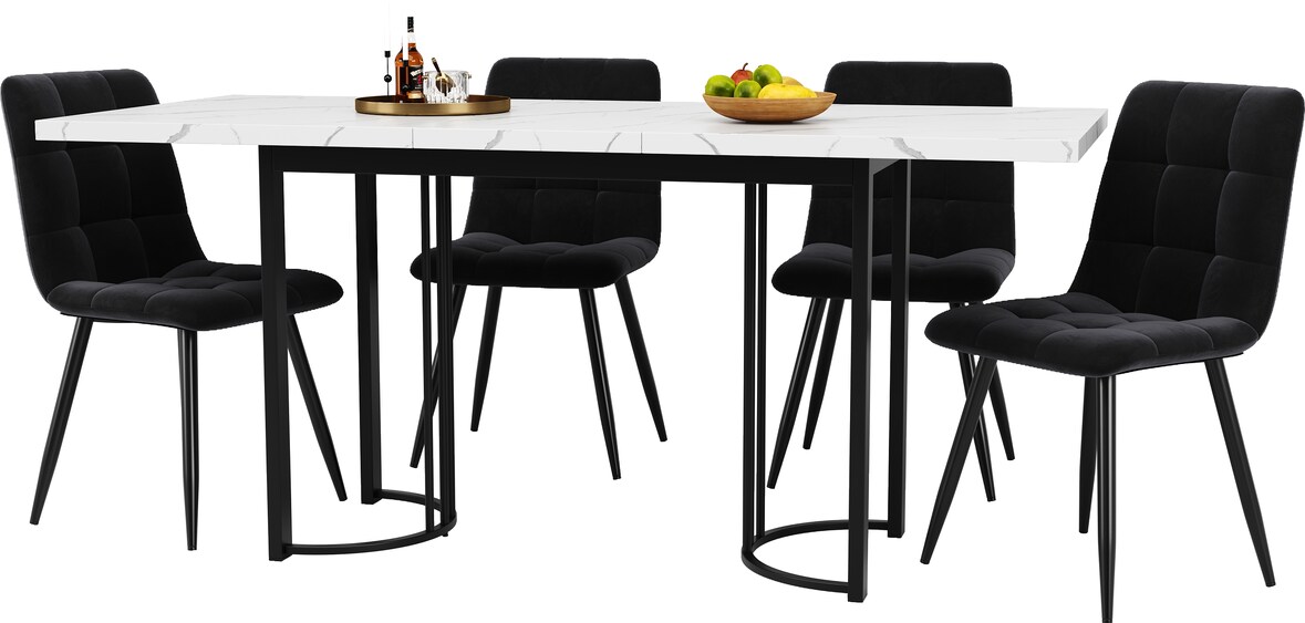 Essgruppe 5-teilig ausziehbar 75x179x80 cm Schwarz+Weiß mit MDF Tisch Metallgestell Kreuzform und 4 Samtstühlen gepolstert
