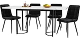 thumbnail of Essgruppe 5-teilig ausziehbar 75x179x80 cm Schwarz+Weiß mit MDF Tisch Metallgestell Kreuzform und 4 Samtstühlen gepolstert