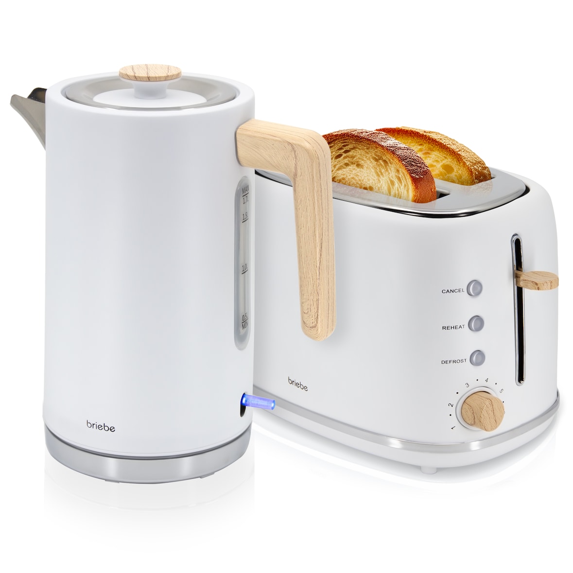 Briebe Nordic Conjunto de Torradeira de Pão com Fenda Larga, 2 Fatias + Chaleira Elétrica 1,7L sem Fio, sem BPA, SKT1167WHT, Branco, 2200W