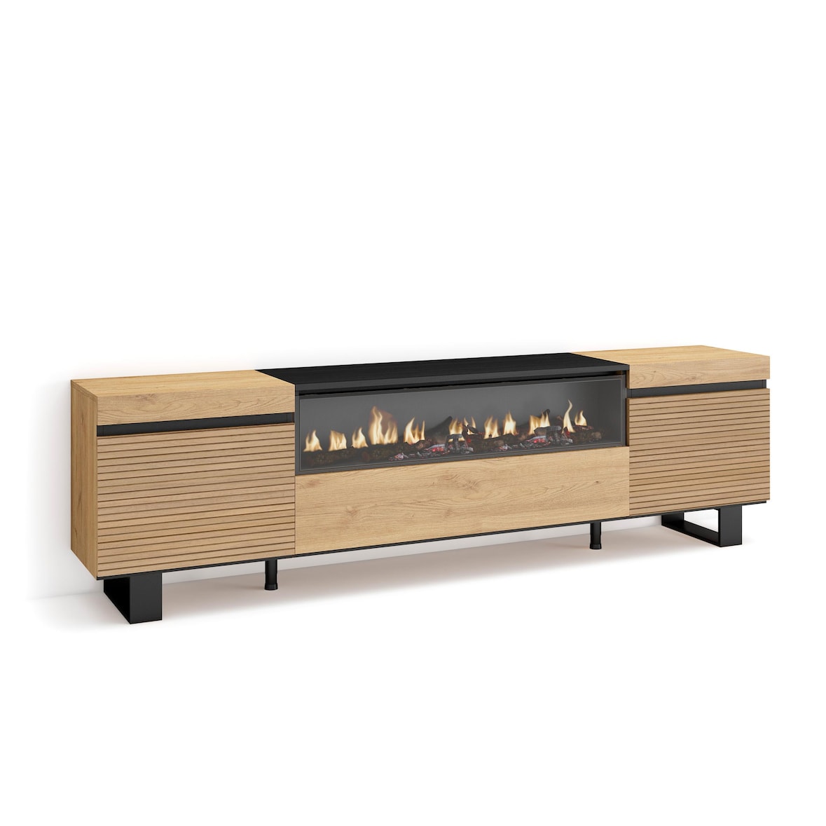 Mueble TV, Televisión, 200x57x35cm, Para TV hasta 80", Chimenea eléctrica, Diseño industrial, Roble _429_22