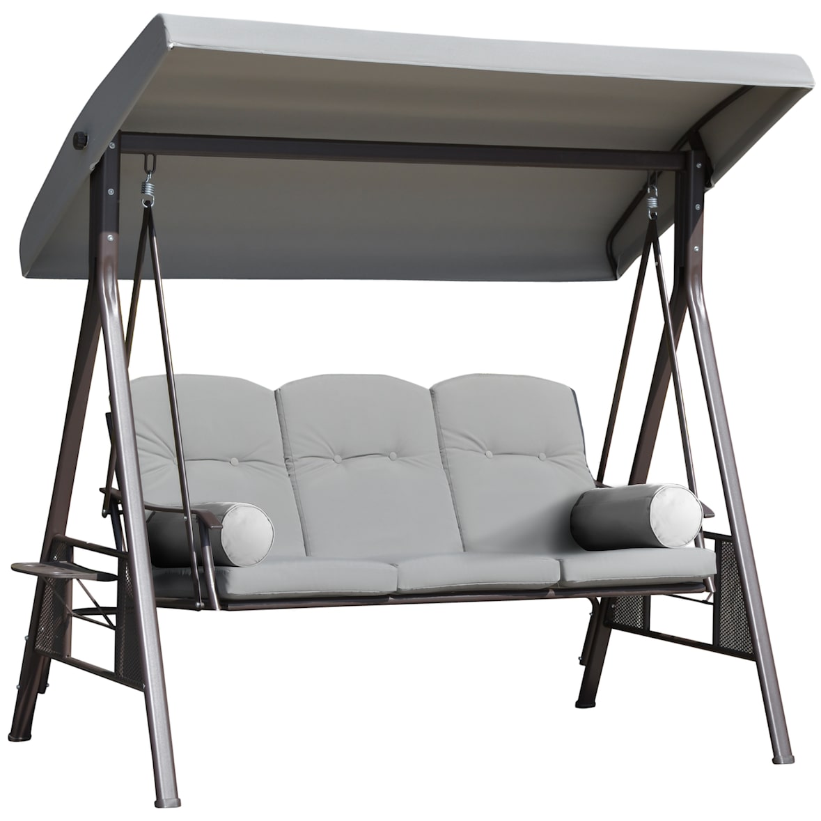 Columpio de Jardín de 3 Plazas con Techo Parasol 2 Cojines Bandeja para Bebidas Marco de Metal Terraza Exterior Carga 360kg 116x206x183cm