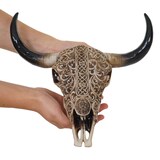 thumbnail of Décoshop26 - Tête de taureau décoration murale 31 cm trophée longhorn avec tribal en polyrésine intérieur/extérieur naturel 04_0002847
