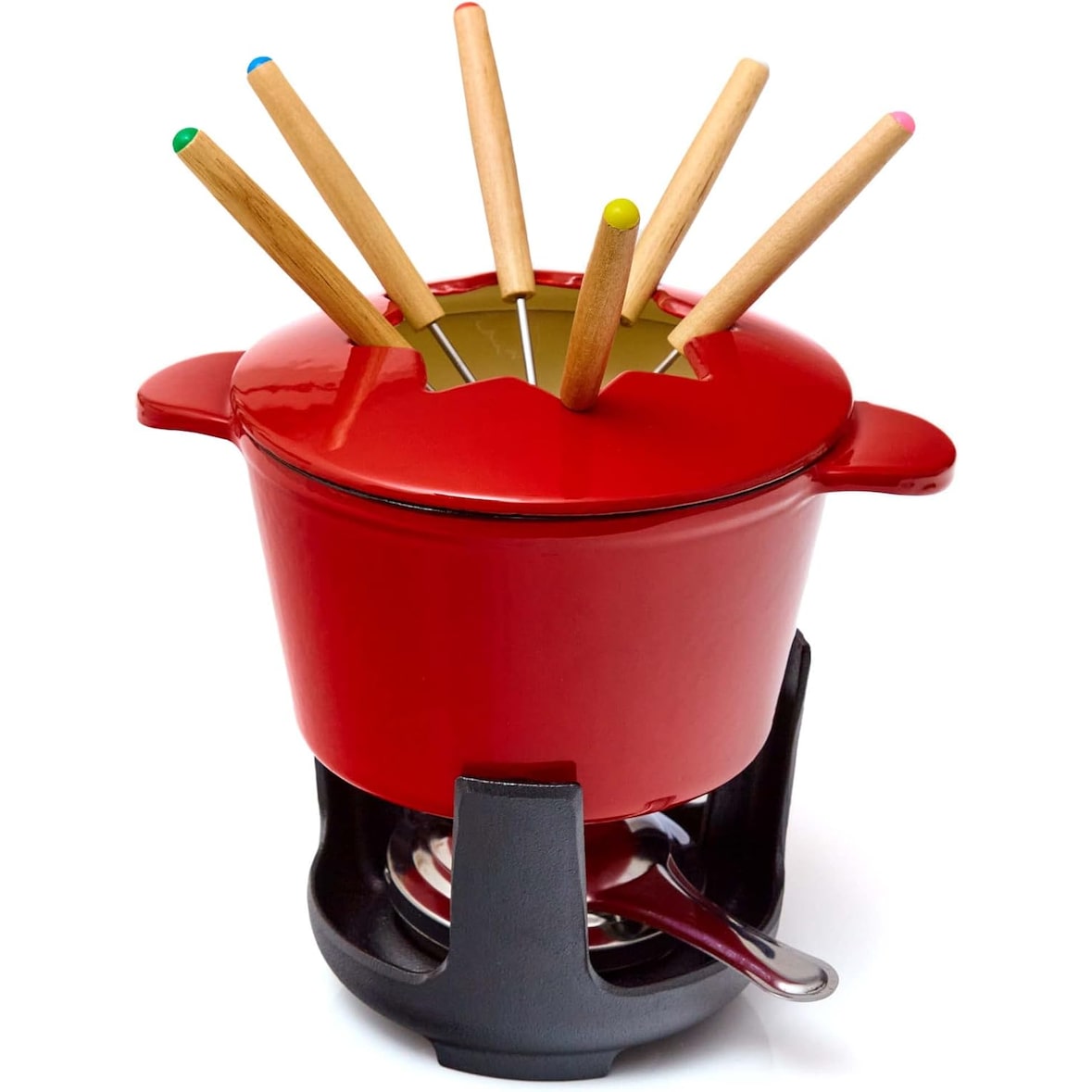 Bonvivre® Gusseisen Fondue Set für 4 Personen | 1 Liter | Fondueset 9-teilig mit Brenner und 6 Gabeln | Emailliert Rot
