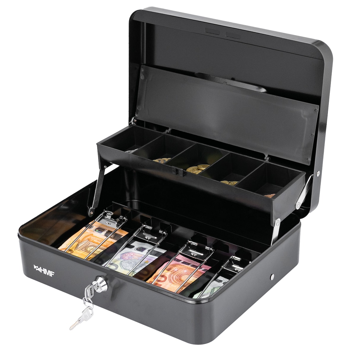 HMF 15230-02 Geldkassette abschließbar mit Münzeinsatz und 4 Scheinfächer mit Klammer, 30 x 24 x 9 cm, Schwarz