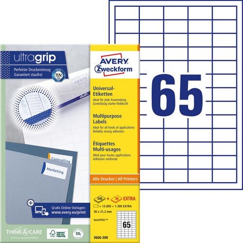AVERY Zweckform Abziehhilfe QuickPEEL,ultragrip Universaletiketten 3666-200 Selbsthaftend DIN A4 Weiß 3,8 x 2,12 cm 200 Blatt à 65 Etiketten