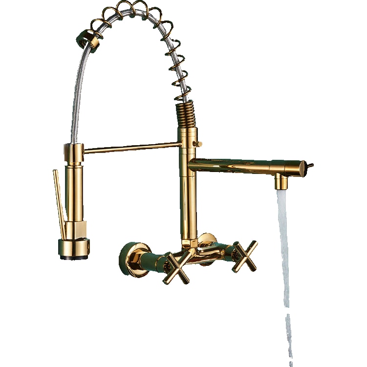 Björn | Herraje de pared para gastronomía dorado brillante Grifo  cocina profesional de acero inoxidable con dos duchas|doble lavabo pared restaurante