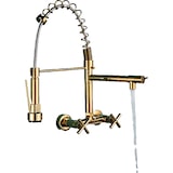 thumbnail of Björn | Herraje de pared para gastronomía dorado brillante Grifo  cocina profesional de acero inoxidable con dos duchas|doble lavabo pared restaurante