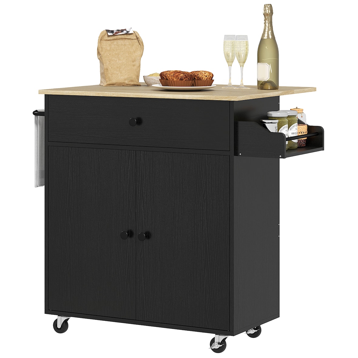 HOMCOM isla de cocina con ruedas ala abatible 2 puertas cajón especiero toallero y estante ajustable 106x42x87 cm negro y roble