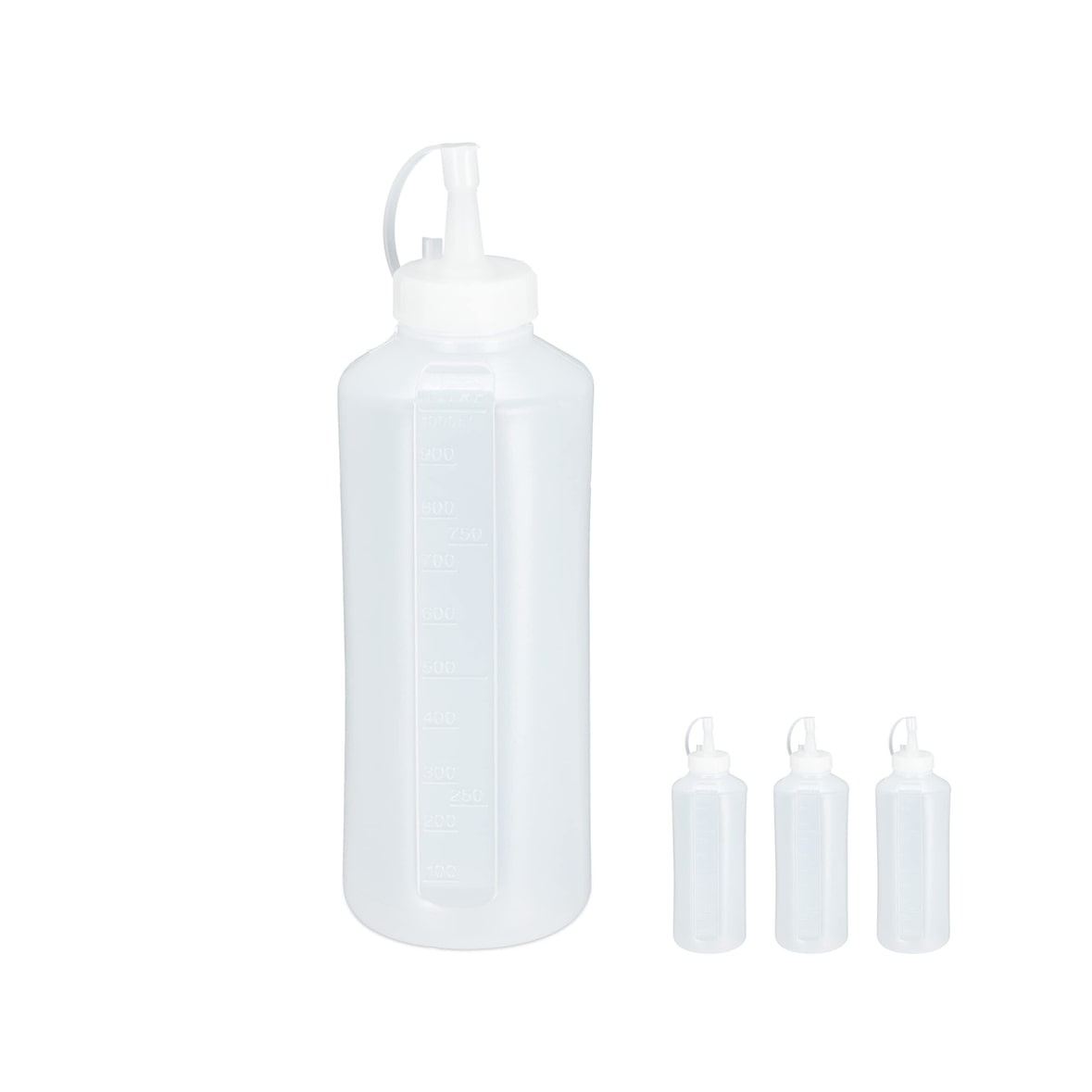 Relaxdays Quetschflasche, 4er Set, 1000 ml, für Saucen, Spritzflasche zum Befüllen, Squeeze Flasche, Kunststoff, klar