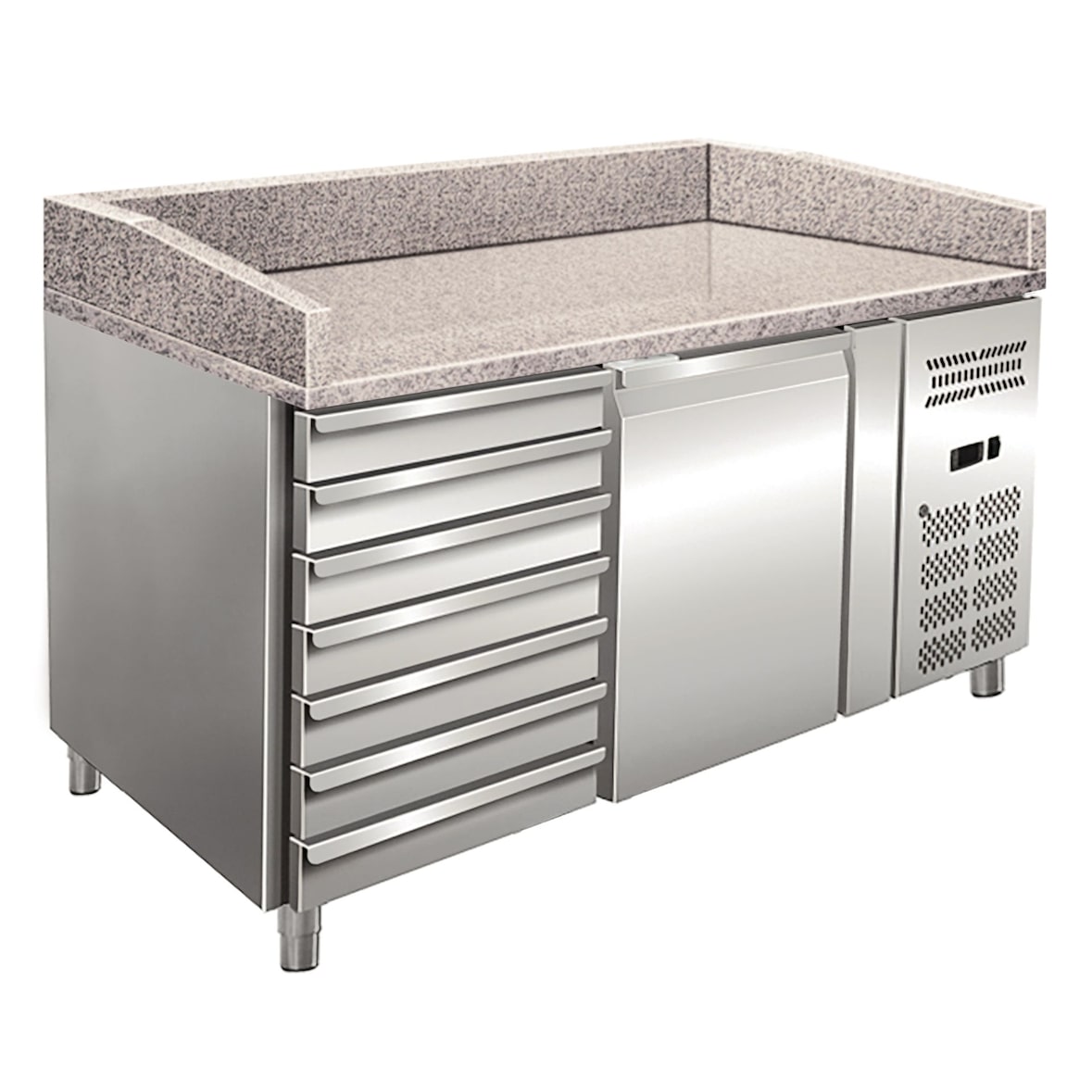 Banco pizza inox ventilato con 7 cassetti. Piano in granito. Termometro digitale. Sbrinamento automatico. Temperatura +2°C/+8°C. Modello PZ01C