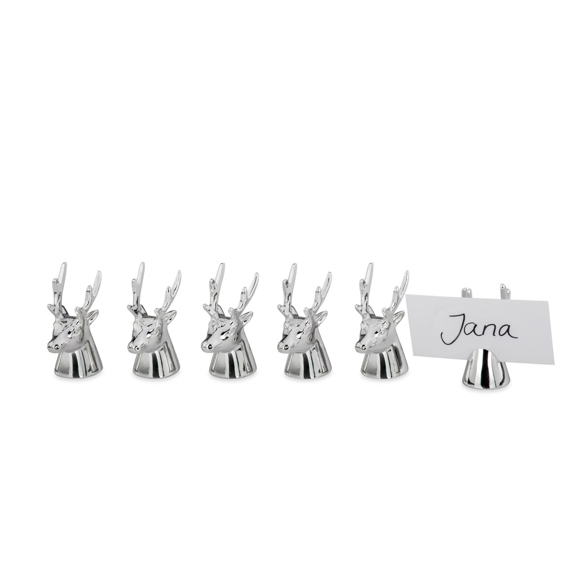 Tischkartenhalter-Garnitur 6-teilig, Rentier-/Hirsch-Kopf inklusive 6 Namenskarten, versilbert