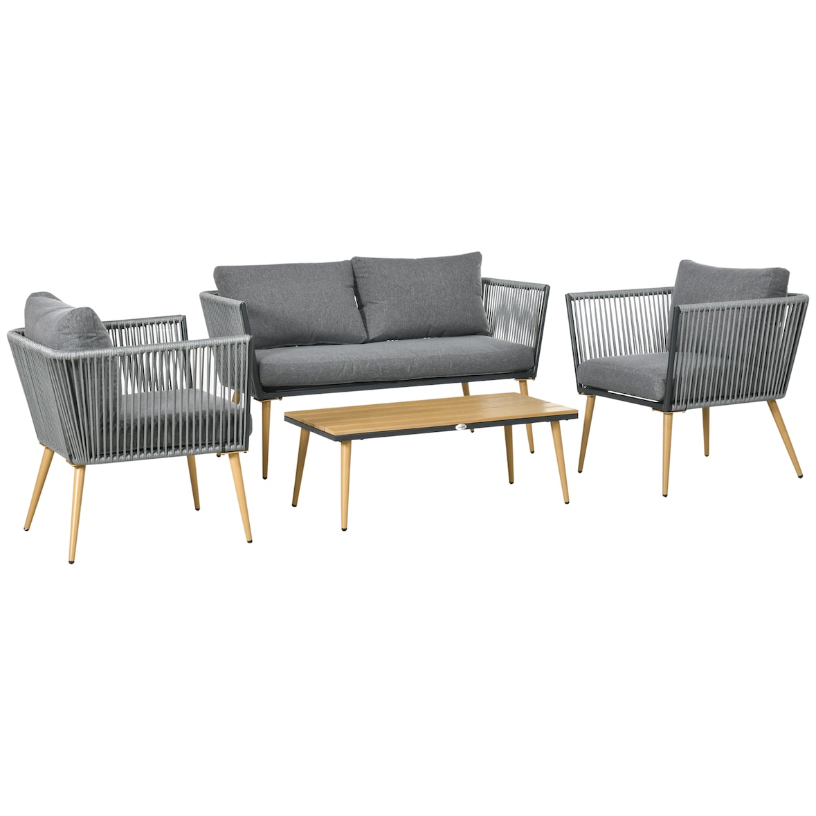 Outsunny Juego de Muebles de Jardín de Ratán 4 Piezas Juego de Conversación Incluye Sofá de 2 Plazas 2 Sillones y Mesa de Centro Cojines para Terraza