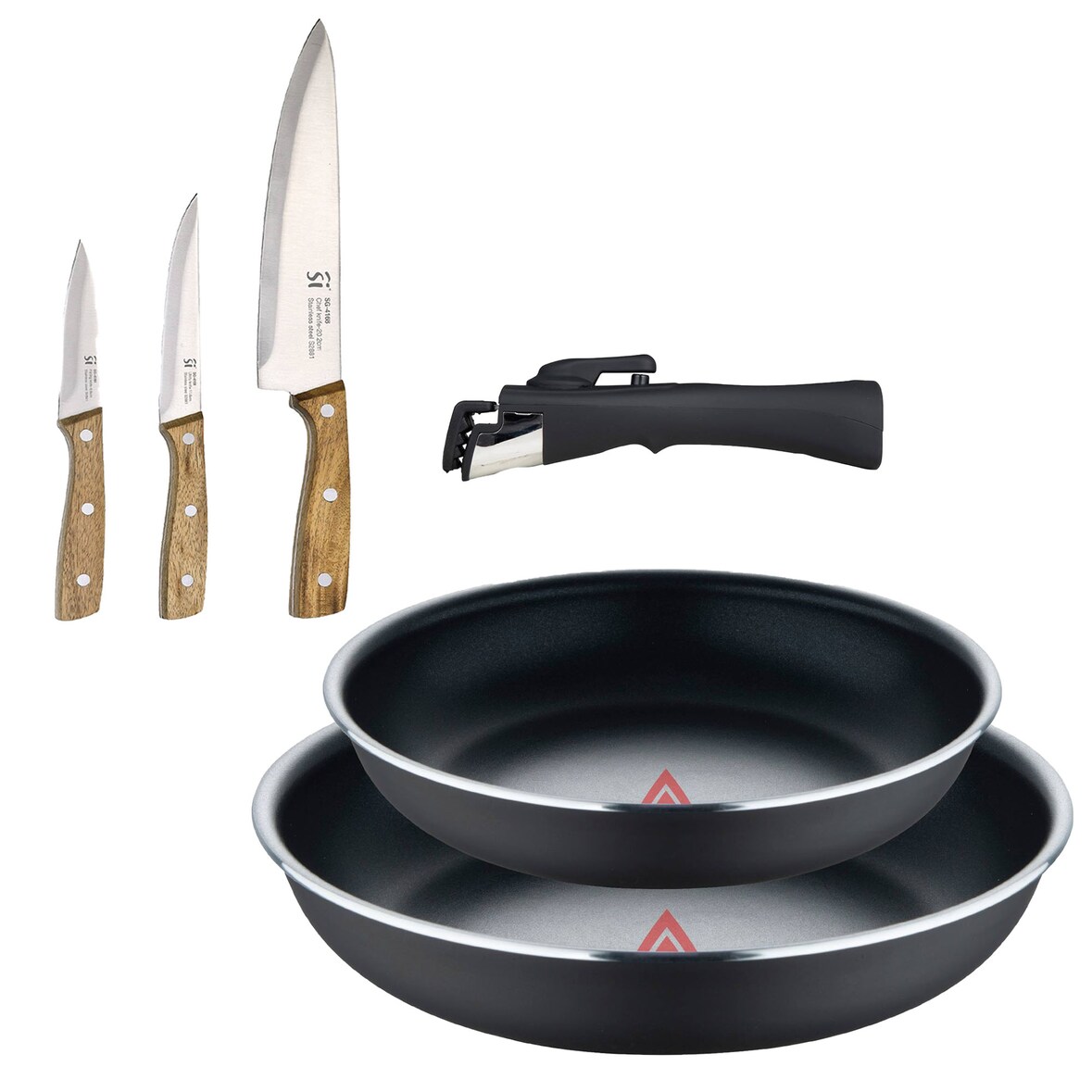 BERGNER - Set aus 2 Pfannen Ø22/26 cm gepresstes Aluminium Schwarz mit abnehmbarem Griff mit Set aus 3 Küchenmessern Edelstahl