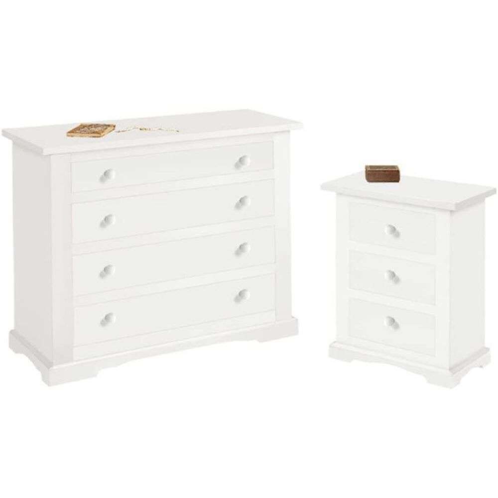 shopinnovativo -Como 3 cassetti 115x50x90H e 2 comodini con 3 cassetti 60x35x70H arte povera in legno massello e mdf con rifinitura in bianco