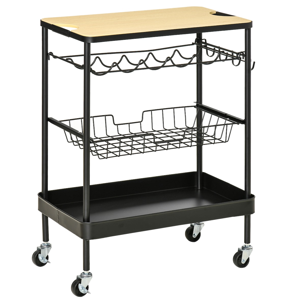 Carro de Cocina con Ruedas Carrito de Servicio Multiuso con Botellero Cesta Extraíble Bandeja y 4 Ganchos para Comedor Salón 60,5x35,5x75 cm