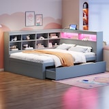 thumbnail of Massivholzsofa 140x200 cm mit Stauraum, USB-Anschluss, LED-Beleuchtung, Schubladen, Regale – modernes Schlafsofa Möbel Grau für Schlafzimmer