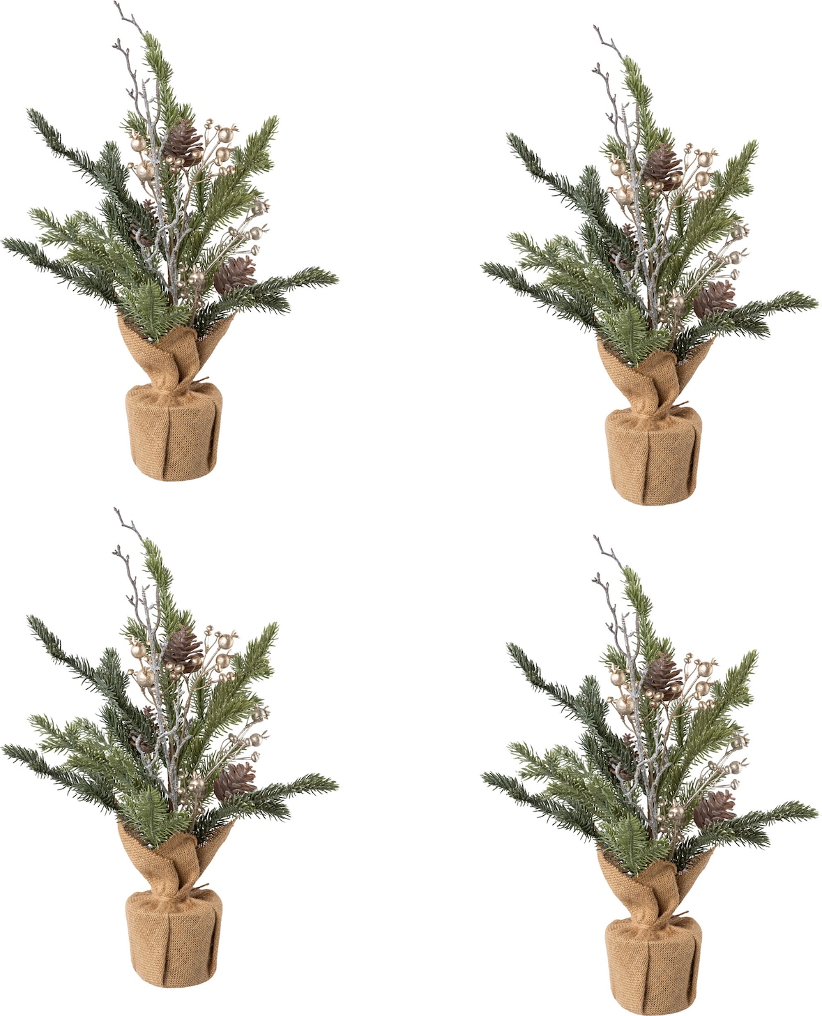 CREATIV green künstliche Pflanze Tanne im Jutesack mit Zapfen und Beeren, 45 cm, grün, 4er Set