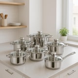 thumbnail of WellHome - Set di pentole in acciaio inox da 12 pezzi con 3 padelle Ø16/20/24 cm in alluminio pressato nero