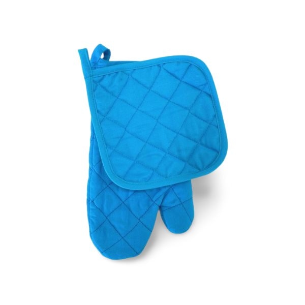 Ensemble gant de cuisine + manique rembourrés, turquoise, 100% coton