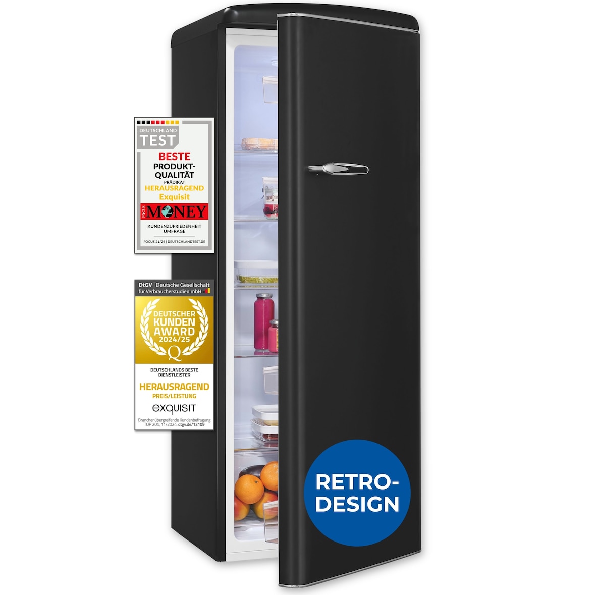 Exquisit Retro-Kühlschrank, ohne Gefrierfach, 229 Liter, groß, 5 Ablagen, Gemüsefach, Temperaturregelung, RKS325-V-H-161E mattschwarz