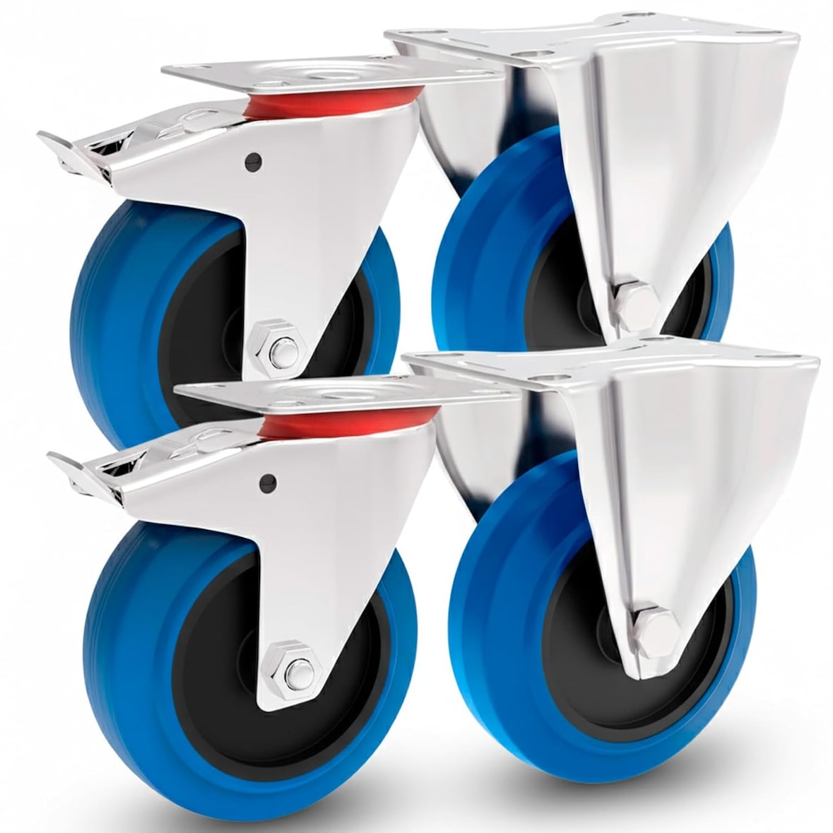 PRIOstahl Transportrollen 125mm Rollensatz 2 Bockrollen + 2 Lenkrollen mit Bremse Blau Schwerlast