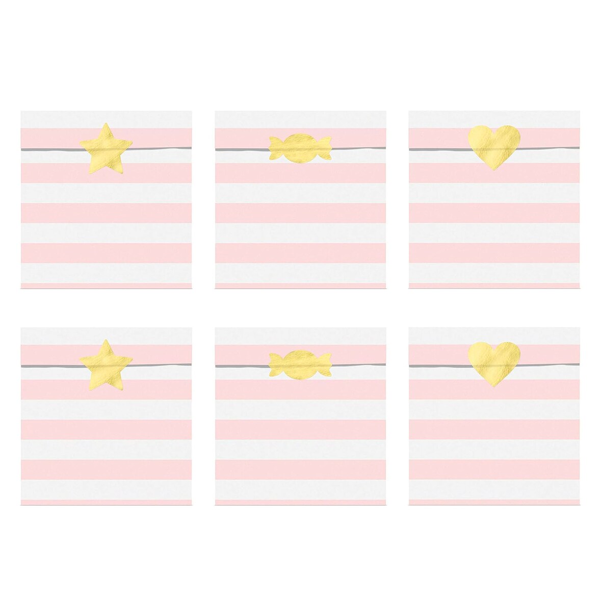 6 Papiertüten gestreift mit Aufklebern 13x14cm Bodenbeutel zum Befüllen Geschenktüten Hochzeit Kindergeburtstag Geschenk Mitgebsel Tüten Weiß Rosa