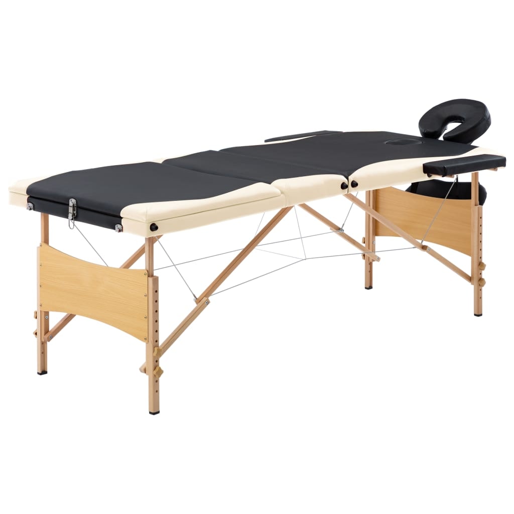 Helloshop26 - Klappbare Massageliege 3-teilig schwarzes und beiges Holz 02_0001832