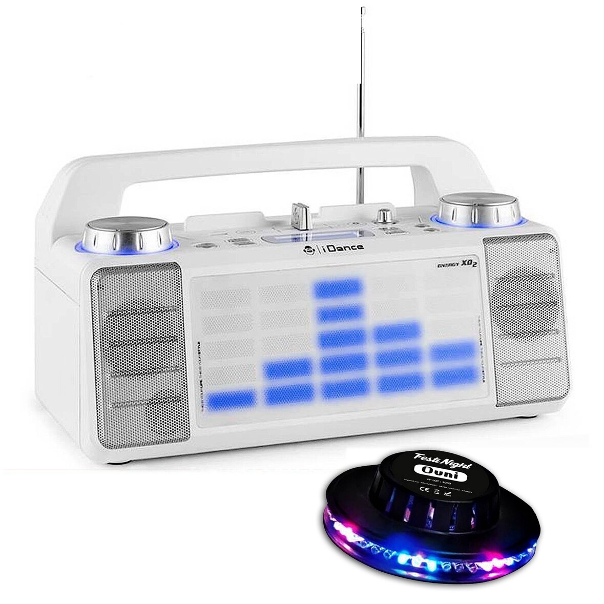IDANCE XD2 Enceinte 50W à LEDs bleu AUX/FM/USB/FADER/MIXER/BT + Effet OVNI LED RVB