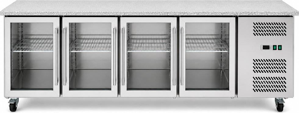 Romux® Kühltisch mit 4 Glastüren 223x70 cm mit Marmor-Arbeitsplatte und Luftkühlung | Theken Kühlschrank aus Edelstahl mit 553 L und 850 W