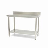thumbnail of Table en acier inoxydable - 200 x 60 cm - hauteur réglable - avec dosseret et étagère de rangement