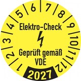 thumbnail of Jahresprüfplakette ab 27, Elektro-Check Geprüft gem. VDE, gelb/schwarz, Folie, Ø 30 mm - Bogen = 10 Stk. - 30 mm Folie selbstklebend