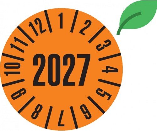Dreifke® Jahresprüfplakette 2027, orange, ökologische Folie, selbstkl., Ø 30mm, 18 St/Bogen