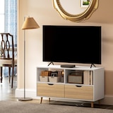 thumbnail of TV Lowboard 99x39x58 cm mit 2 Schubladen und offenen Fächern Kabelmanagement Spanplatte Weiß für Wohnzimmer modern