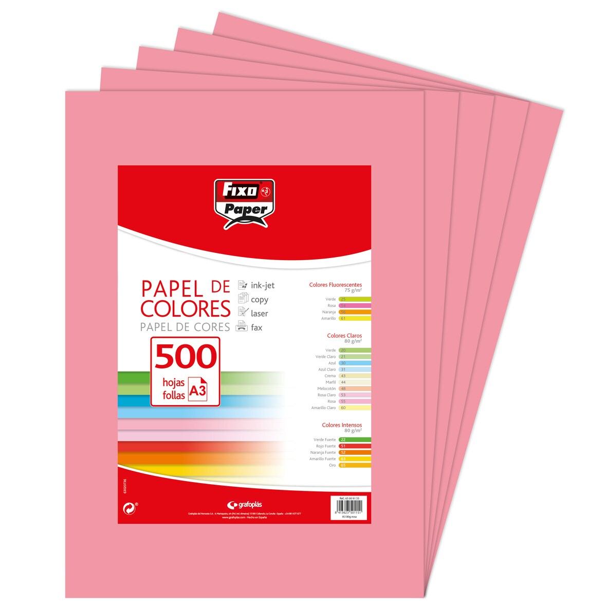 Pacote de 500 folhas Papel colorido A3 80g rosa