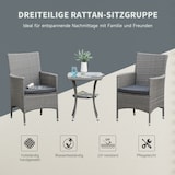 thumbnail of Balkonmöbel Set 3 tlg Tisch und 2 Stühle 60x59x90 cm Grau mit Sitzkissen Rattan Optik Metallrahmen gehärtete Glasplatte wetterfest