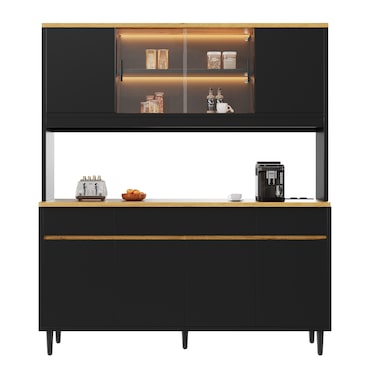Merax LED buffetkast 160x40x185 cm, hoge kast zwart-eiken met stopcontact, USB-A/USB-C, opbergruimte en koffiestation