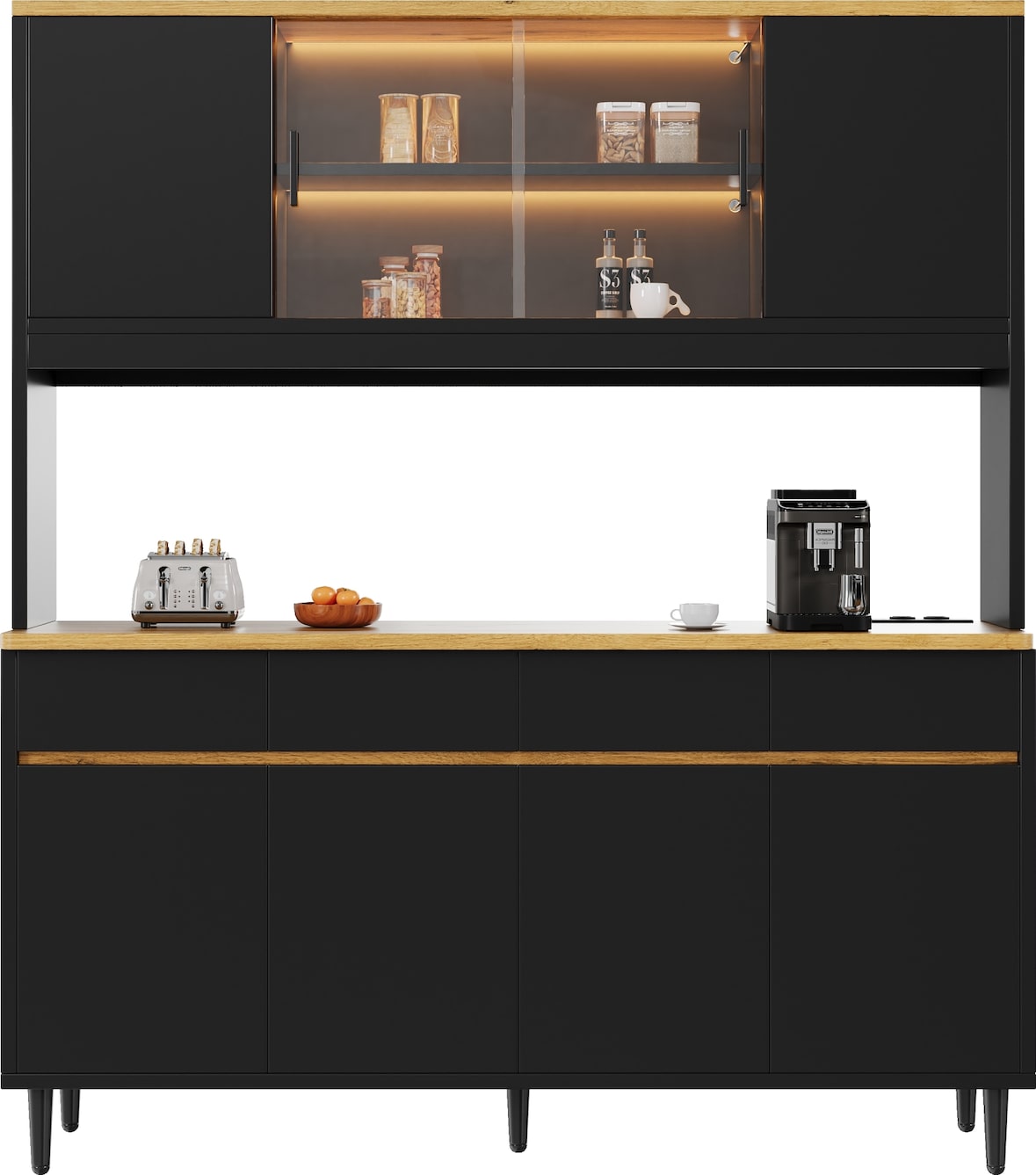 Merax LED buffetkast 160x40x185 cm, hoge kast zwart-eiken met stopcontact, USB-A/USB-C, opbergruimte en koffiestation