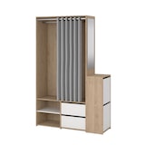 thumbnail of Kimmy Offener Kleiderschrank, mit Vorhang, 2 Schubladen, Schuhschrank Walnuss Dekor, weiß, Vorhang hellgrau.