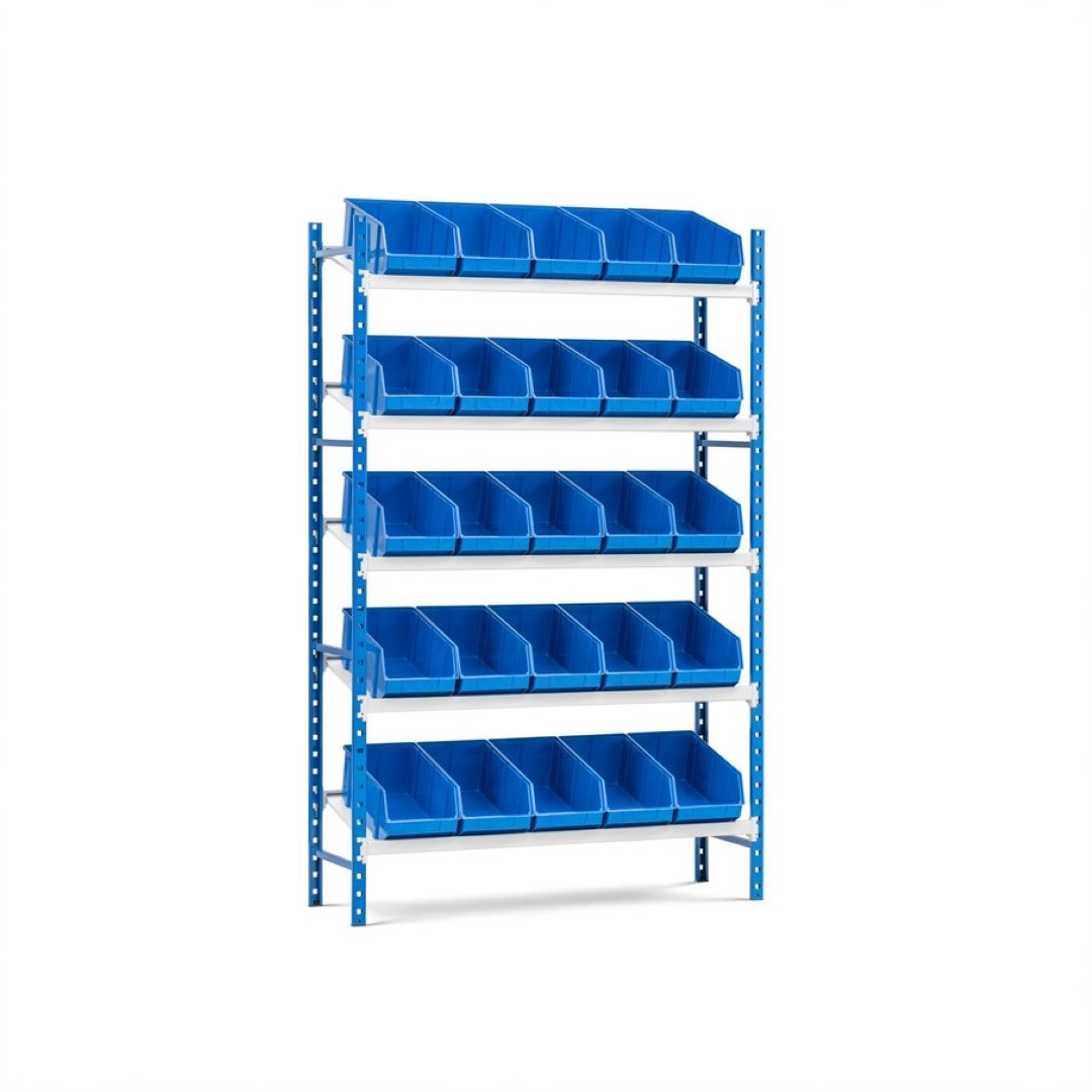 PROREGAL Schrägbodenregal MAXIMUS mit 25x Sichtlagerboxen à 15,3L Fachlast 130kg Grundregal HxBxT 200x125x40cm 5 Ebenen Lichtblau/Lichtgrau